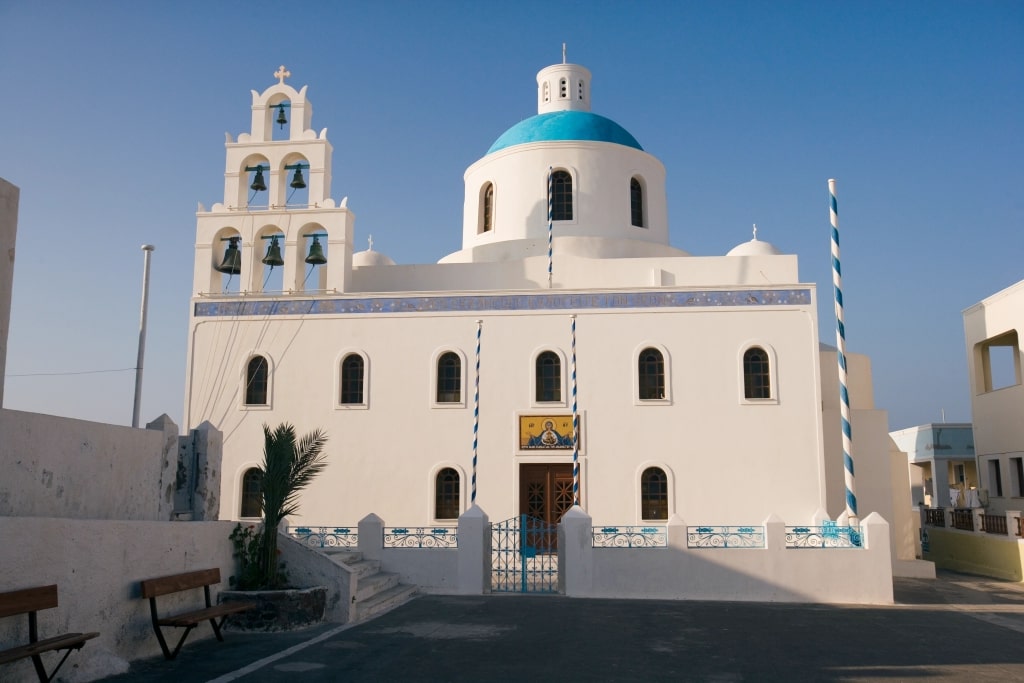 Church of Panagia Platsani, located in the main square of the picturesque village of Oia on the island of Santorini, Greece