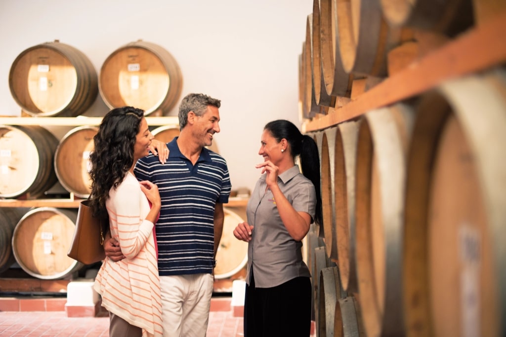 Guests enjoying winery visit at Santo Wines, Santorini, Greece