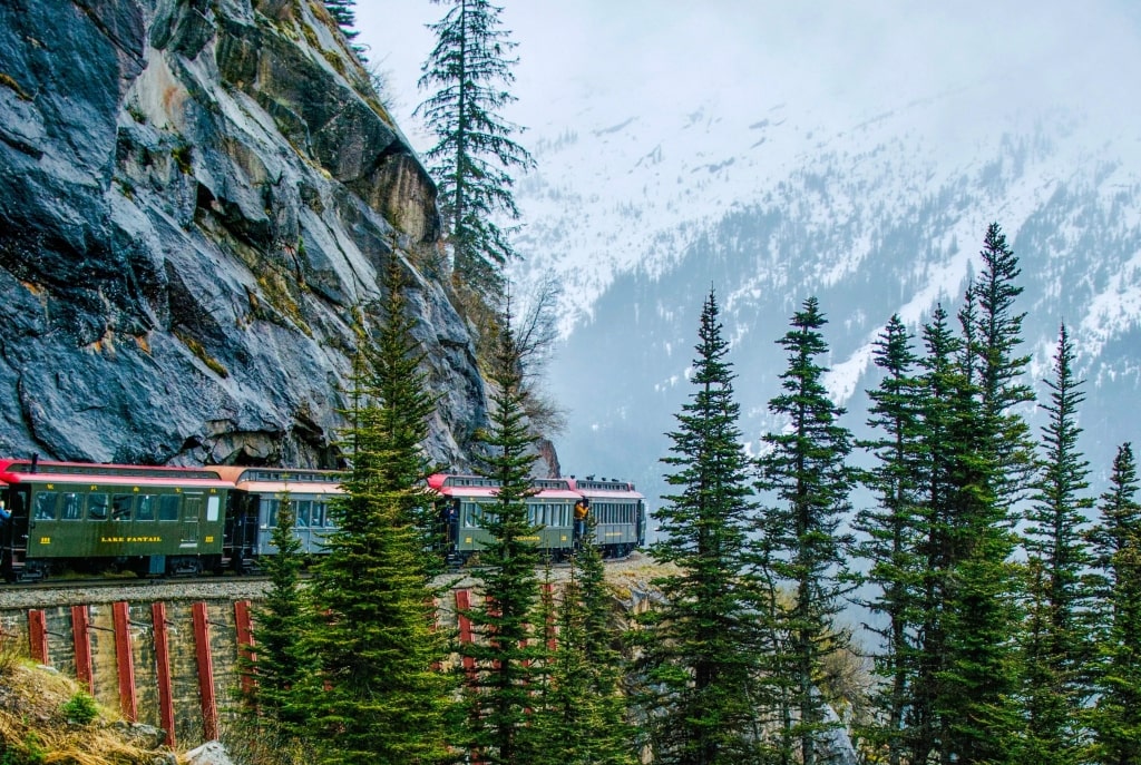 White Pass & Yukon Route Railway winding through the rugged mountains near Skagway, Alaska.