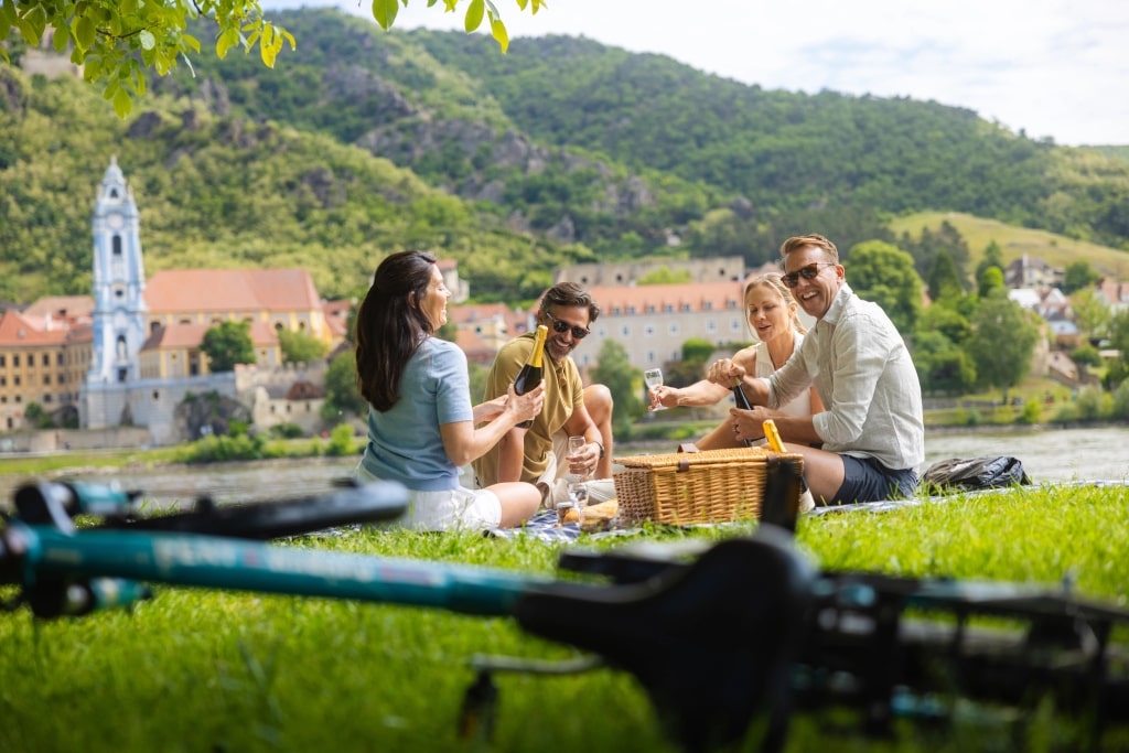 Four laughing friends enjoy a gourmet lakeside Wachau Valley picnic showcasing filled wine glasses. 
