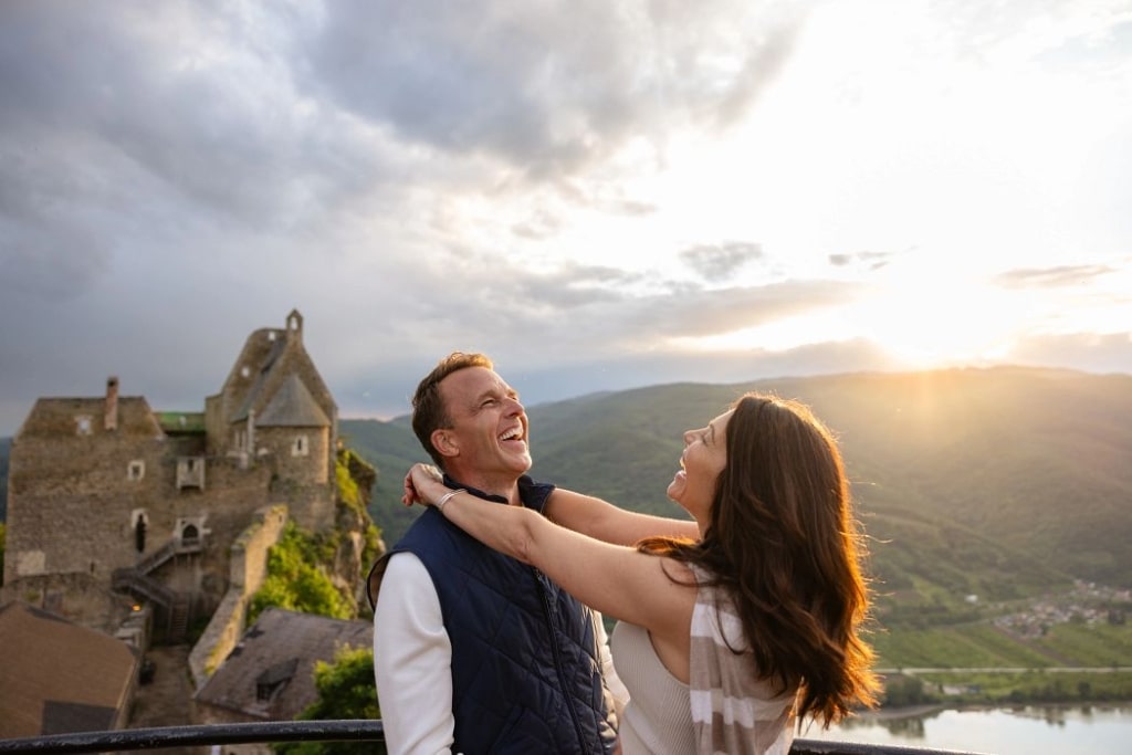The breathtaking Aggstein Castle Ruins located dramatically on a rocky outcrop in Austria's beautiful Wachau Valley.