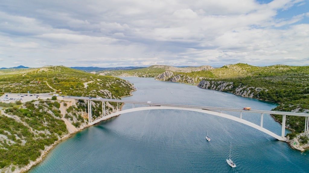 Šibenik Bridge, an iconic reinforced concrete arch bridge located near the city of Šibenik along the Adriatic Highway in Croatia.