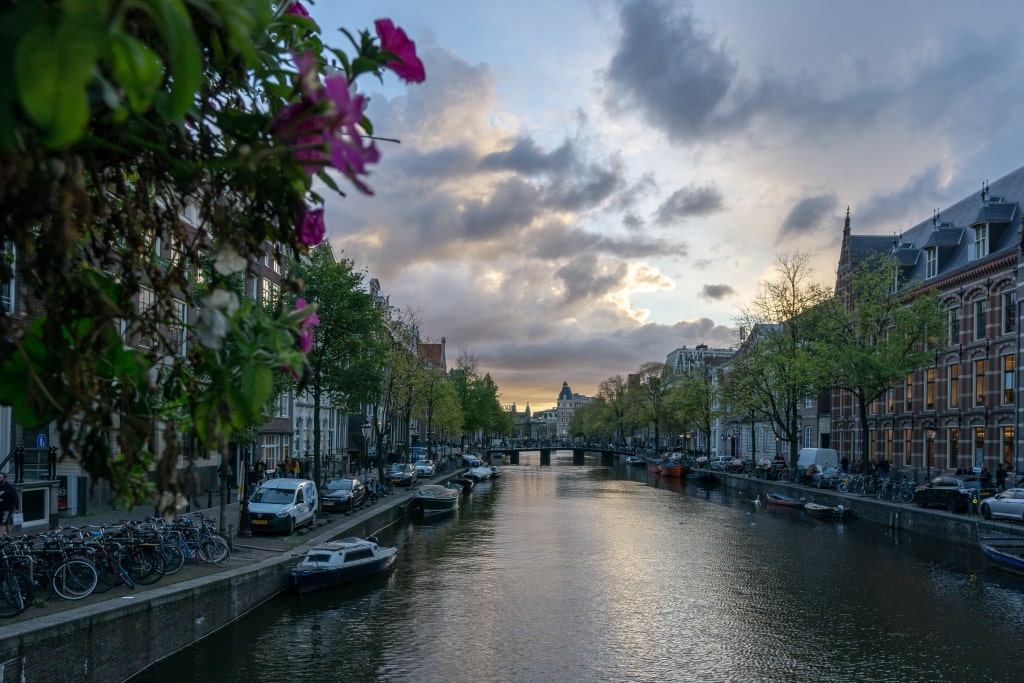 Strasbourg La Petite France half-timbered houses and a glass-roofed tour boat gracing a sunset-lit canal. 