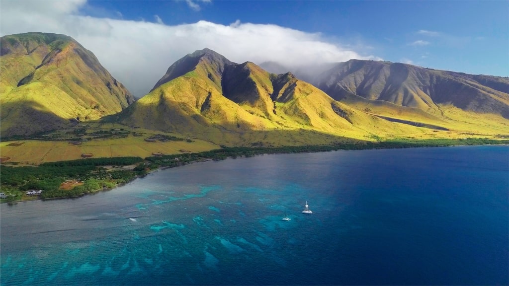 Lush Maui volcanic sea cliffs overlooking deep blue ocean waters during bright daylight