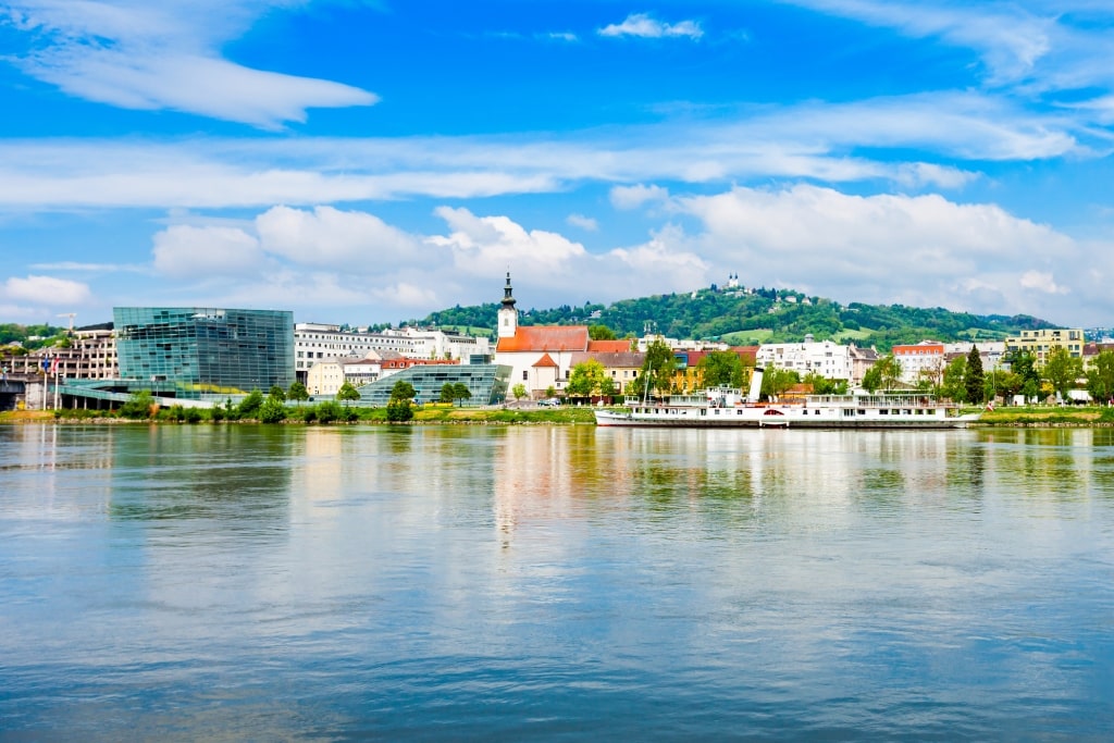 Linz city center and Danube river in Austria