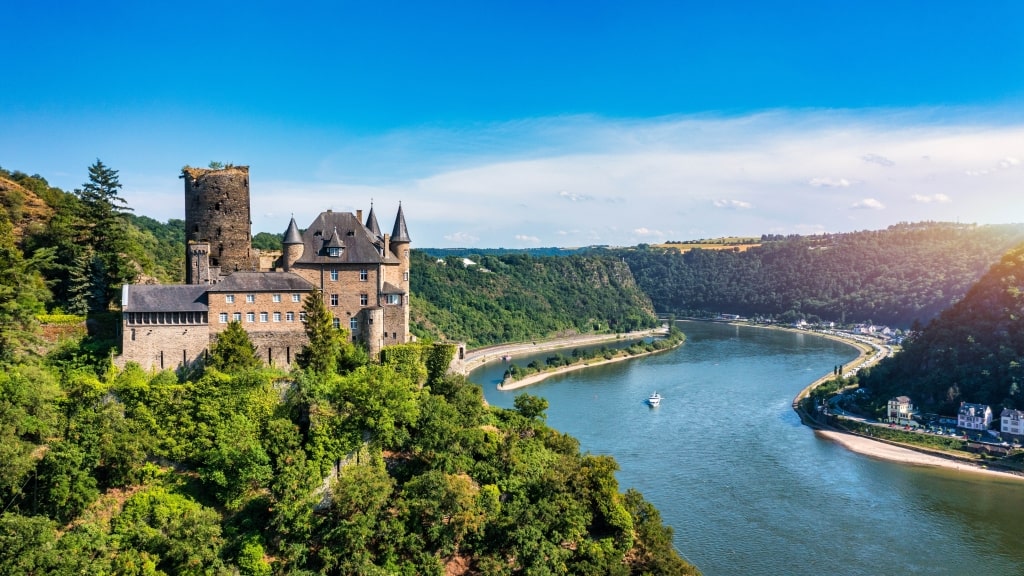 Katz Castle and Romantic Rhine in summer at sunset, Germany.