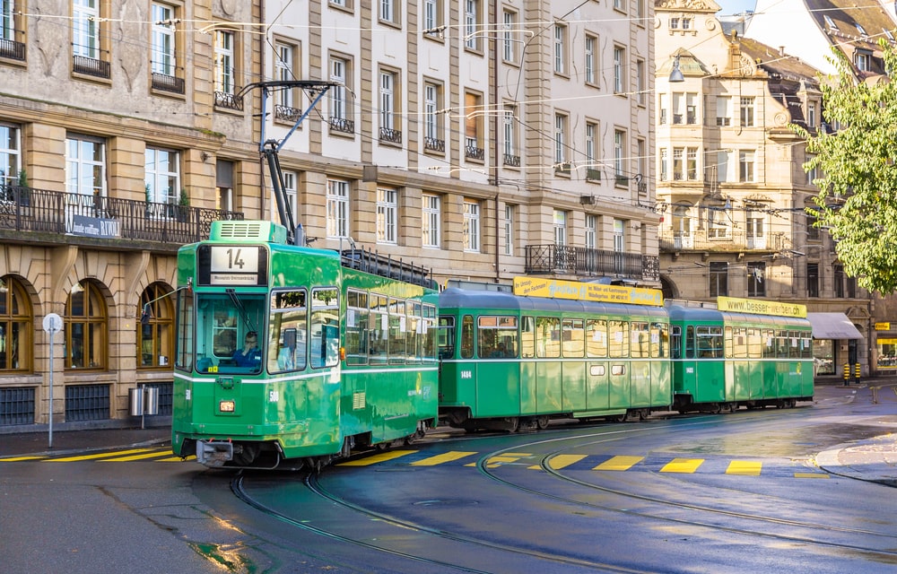 Public tram in the city center in Basel, Switzerland