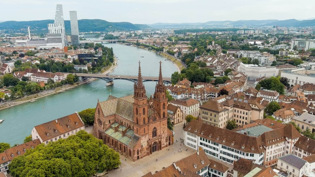 Basel, Switzerland. Basel Cathedral. Basel is a city on the Rhine River in northwestern Switzerland, near the borders with France and Germany, Aerial View