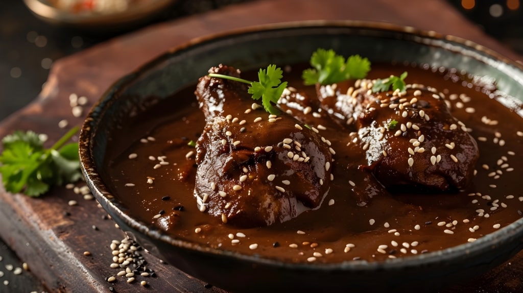 Chicken smothered in rich mole poblano, sprinkled with toasted sesame seeds and fresh cilantro