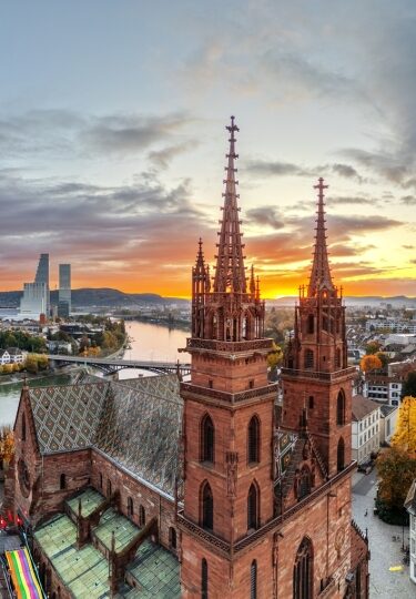 Basel, Switzerland sunrise over the Rhine River