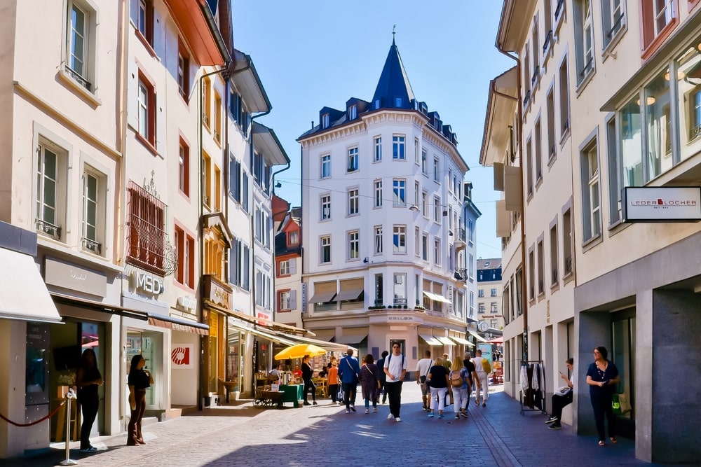Street scene of Gerbergasse, Old Town Basel, Switzerland
