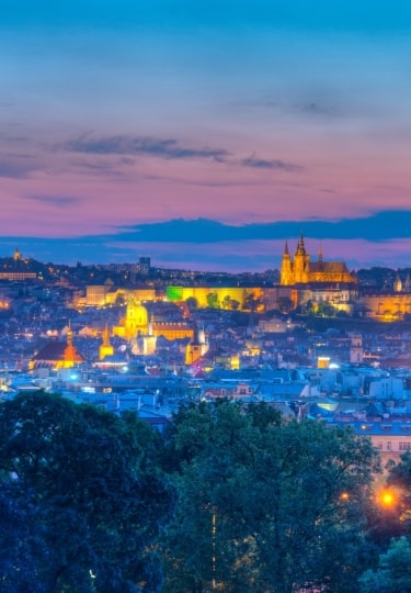 Sunset view of Prague from Rieger orchards in Prague, Czech republic