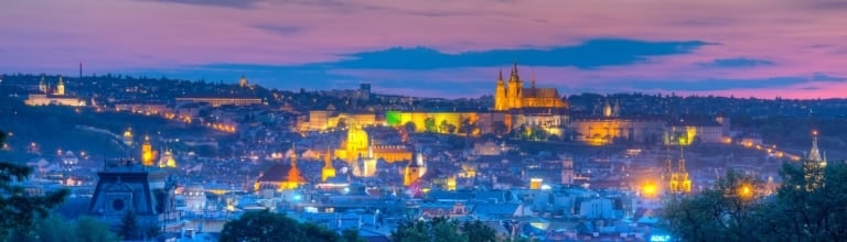 Sunset view of Prague from Rieger orchards in Prague, Czech republic