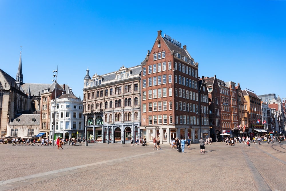 The historic buildings and architecture at Dam Square in Amsterdam