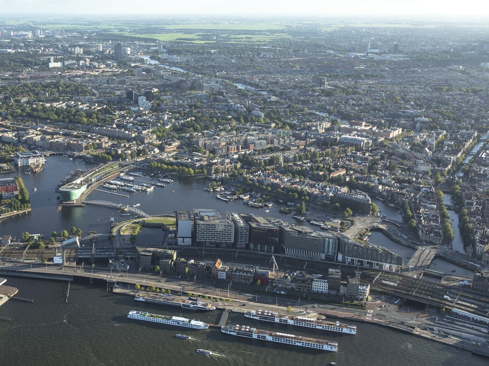 Aerial view of De Ruijterkade in Amsterdam.