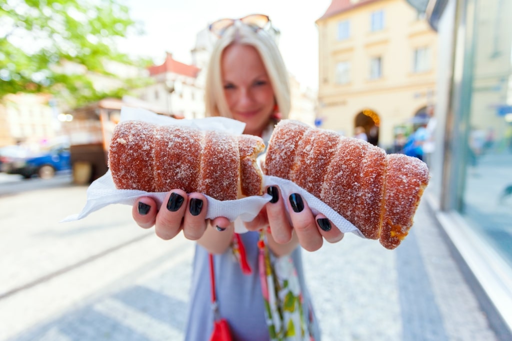 The traditional Czech medovník honey cake slice showcases alternating crumb-coated layers
