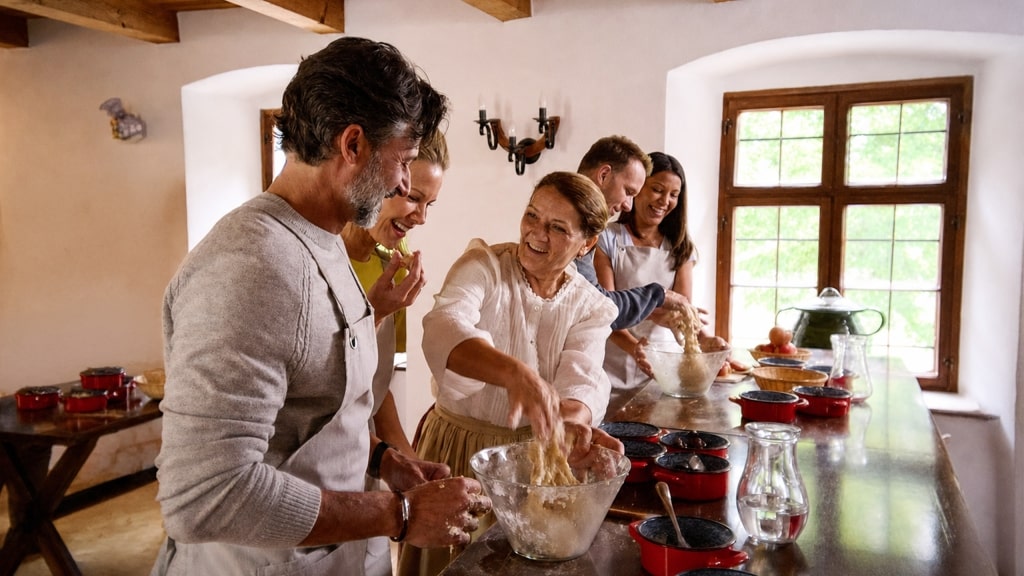 Guests taking a cooking class in Budapest.