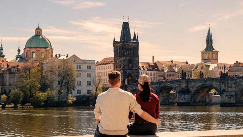 A couple sits by the water, looking out at Prague’s iconic Charles Bridge.