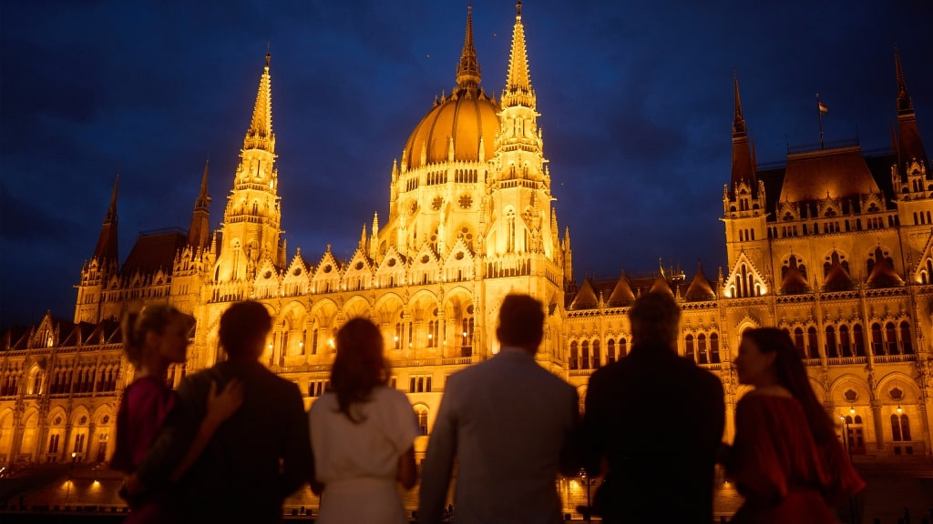 A group of friends sharing a nighttime walk overlooking the illuminated Hungarian Parliament in Budapest.