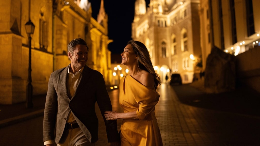 A couple shares a warm smile while strolling past illuminated historic buildings in Budapest.