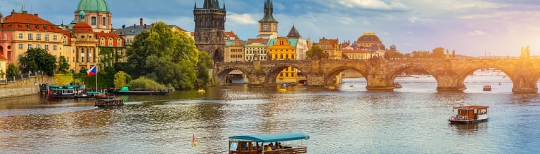 Charles Bridge sunset view of the Old Town pier architecture, Charles Bridge over Vltava river in Prague, Czechia. Old Town of Prague with Charles Bridge, Prague, Czech Republic.