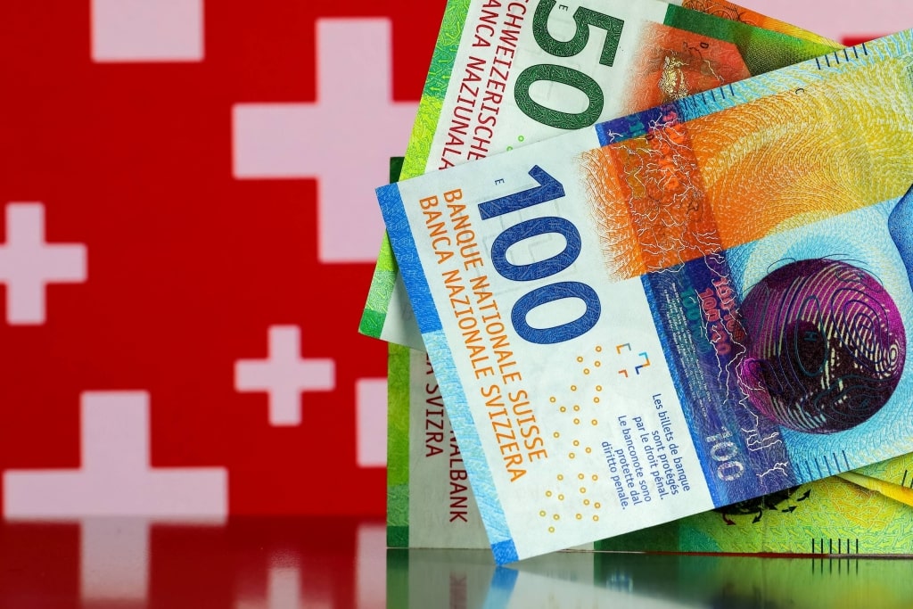 Swiss 50- and 100-franc banknotes displayed against a red Swiss flag pattern background.