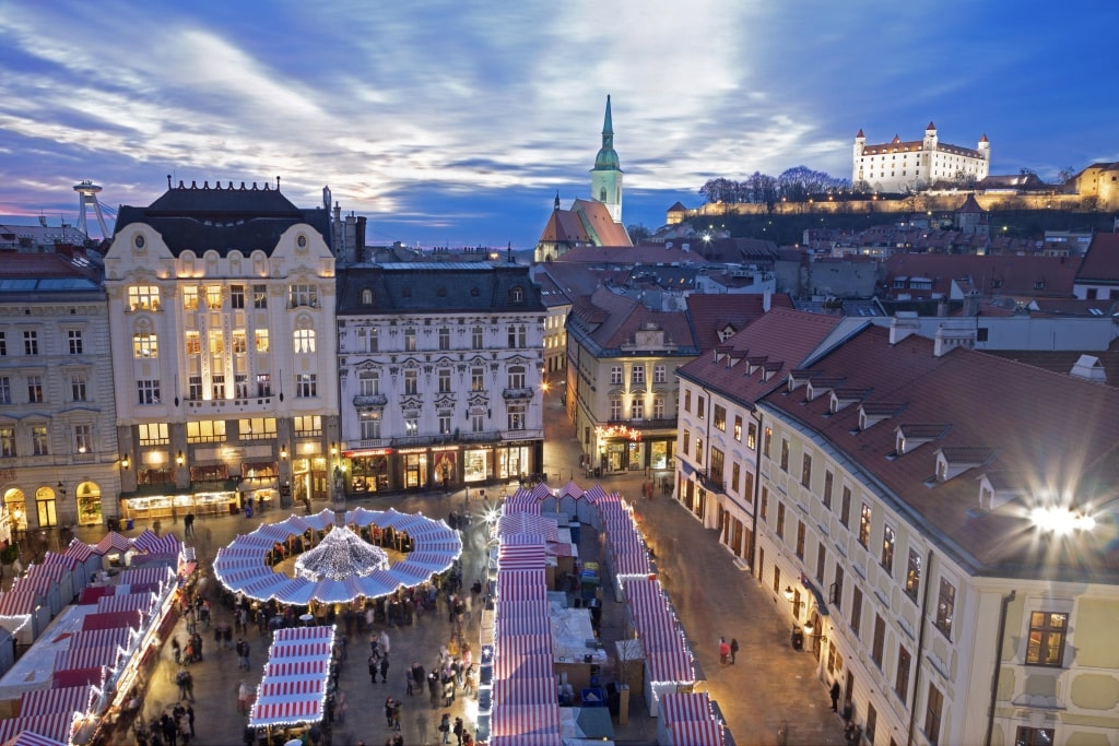 Bratislava Christmas market on the main square in the Slovakia evening dusk.