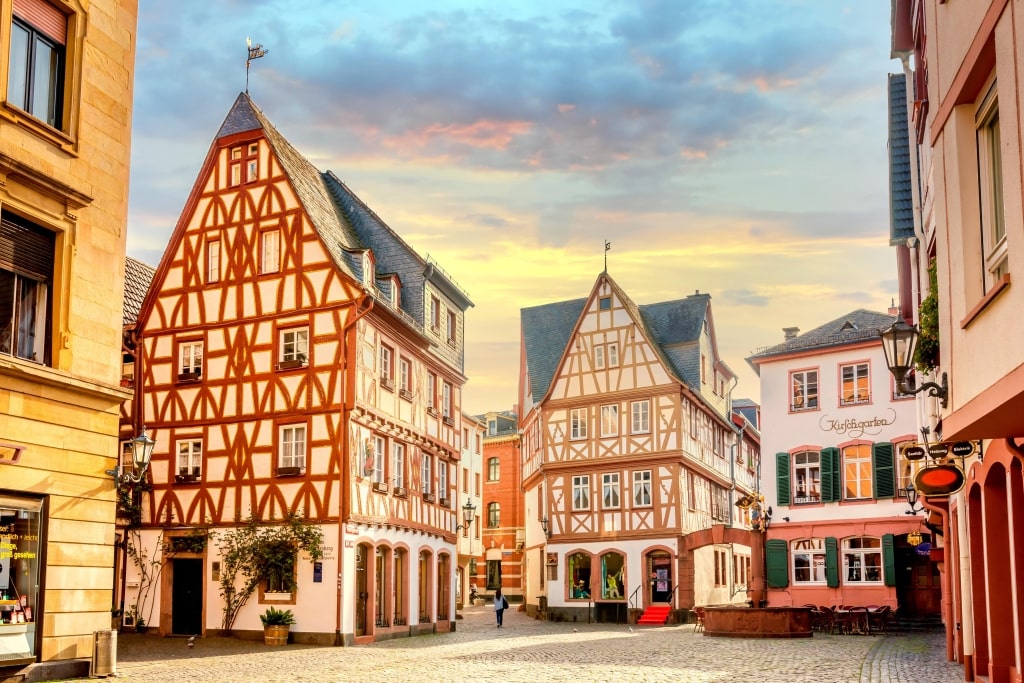 Old city of Mainz with typical half-timbered houses