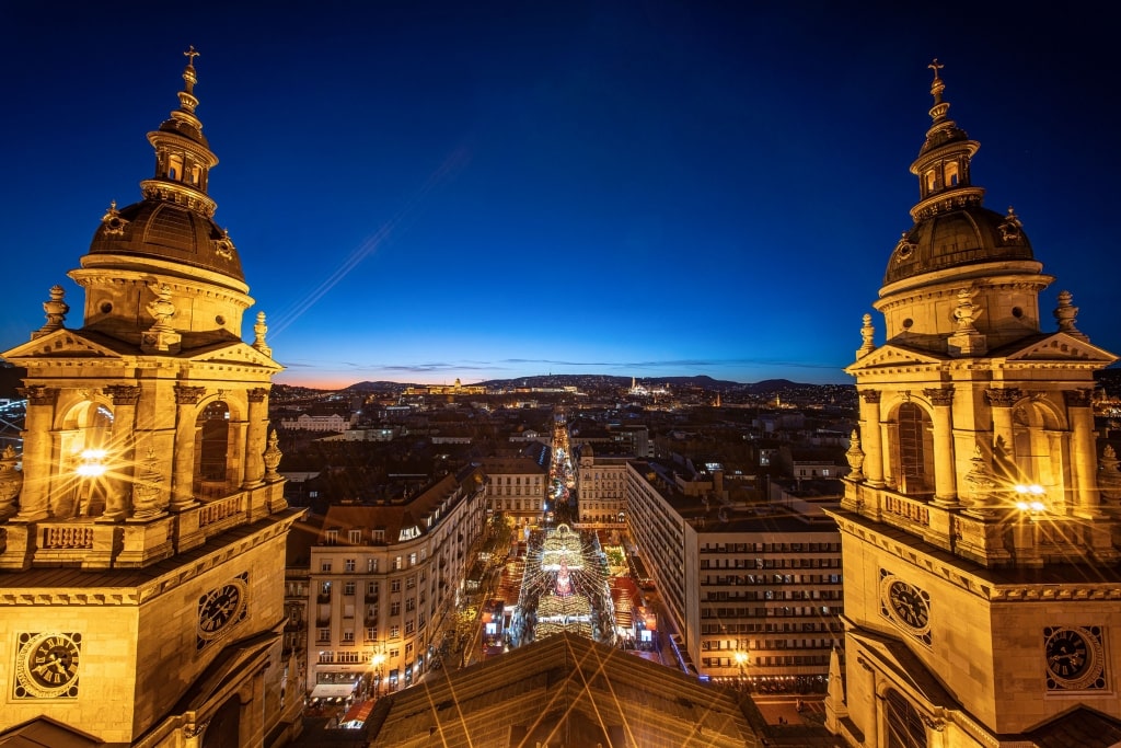 The amazing Szent Istvan Bazilika in Budapest during the Christmas market season.