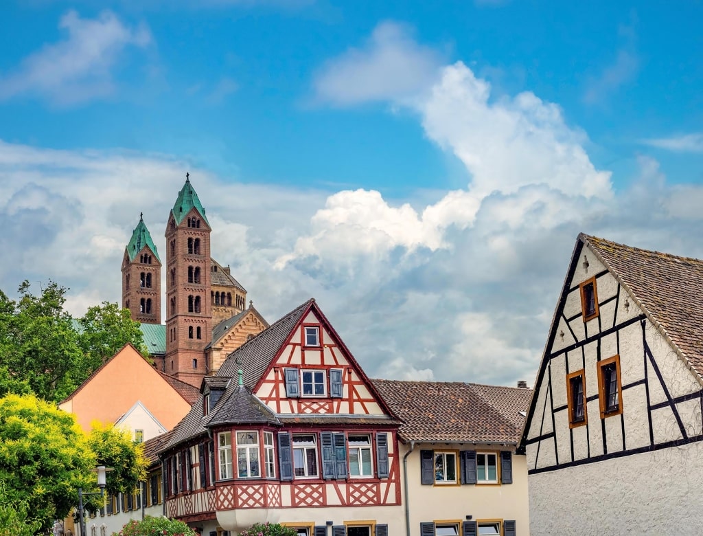 The old medieval town of Speyer with the cathedral towers in the background, Rheinland-Pfalz, Germany