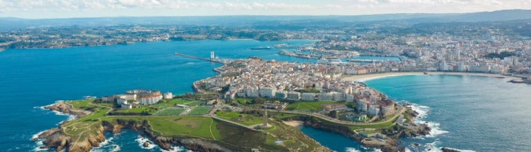 A breathtaking aerial perspective of the A Coruña peninsula, nestled within the Galicia region of Spain.