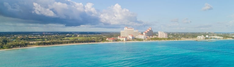A stunning aerial perspective view of Nassau's shimmering tropical turquoise waters.