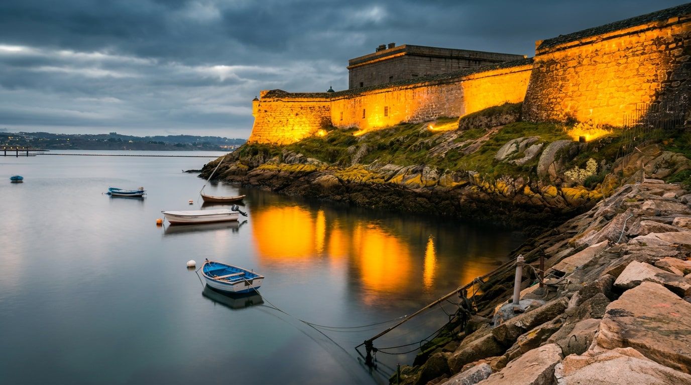 The illuminated Castle of San Antón glows along the calm waters of La Coruña at dusk.