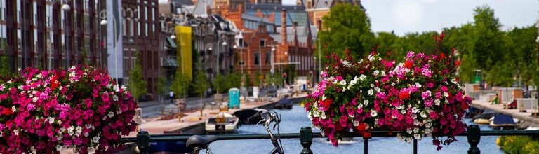 A bicycle parked on a canal bridge adorned with vibrant flowers overlooks historic buildings along a waterway in Amsterdam.