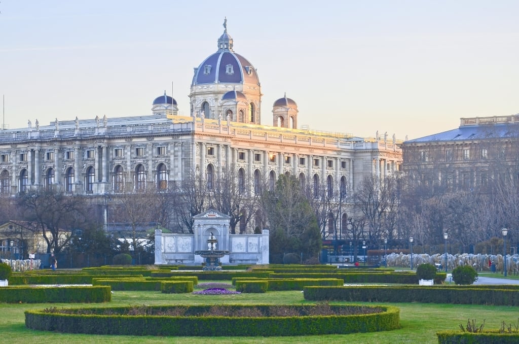 The Museum of Natural History (Naturhistorisches Museum) in Vienna, Austria, viewed across the formal gardens of Maria-Theresien-Platz