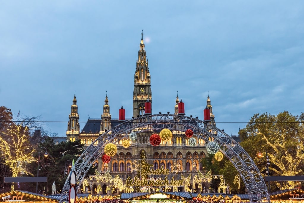 The Vienna Christmas Market in Vienna, Austria, illuminated at dusk
