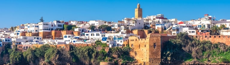 The ancient Kasbah of the Udayas fortress stands along the waterfront in Rabat, Morocco.