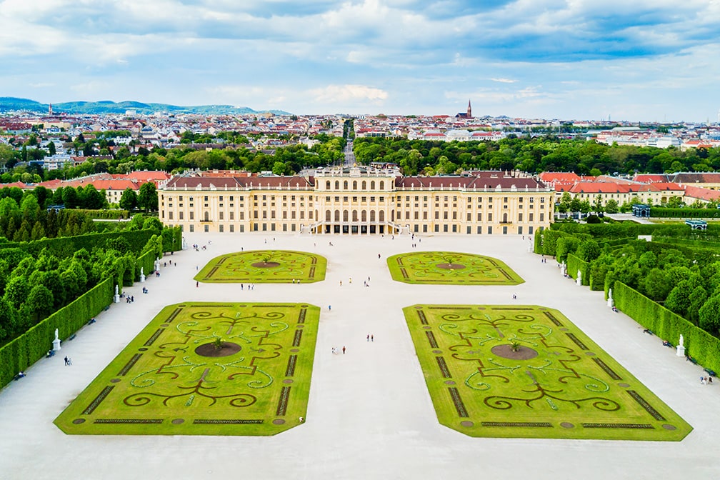 An aerial panoramic view of Schonbrunn Palace.