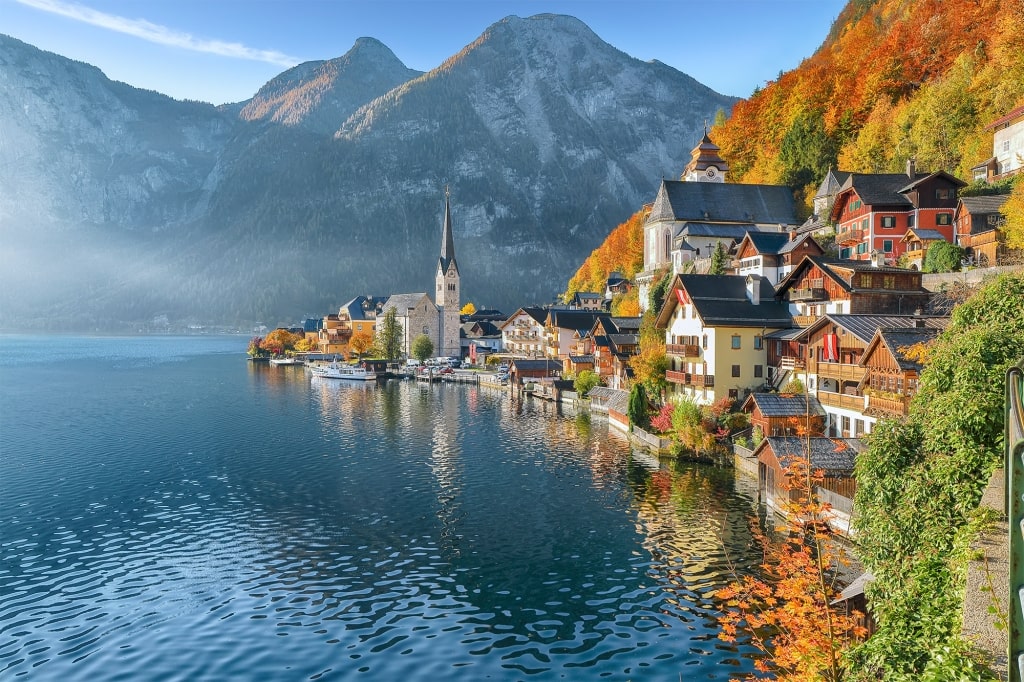 Stunning view of the famous Hallstatt mountain village by Lake Hallstatt