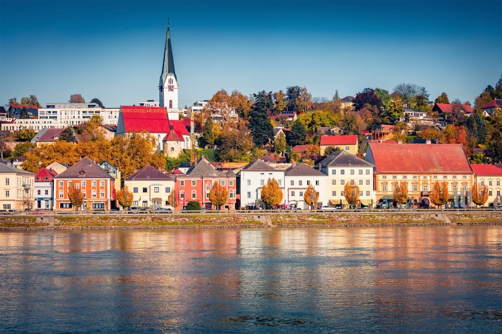 Sunny autumn cityscape of Mauthausen market town in the state of Upper Austria