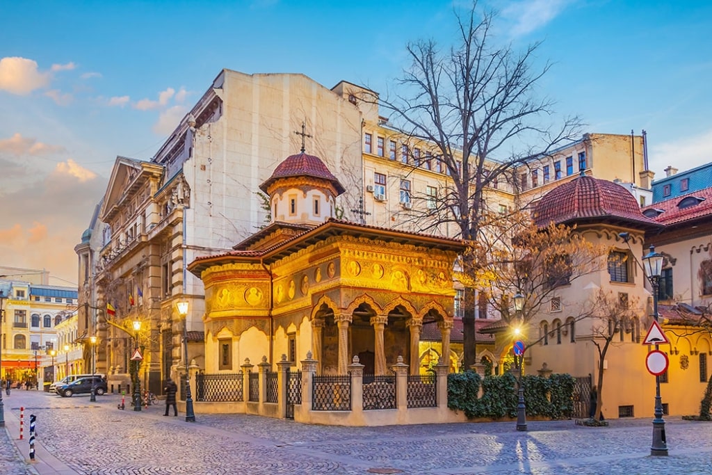 Old Town Bucharest skyline, cityscape of Romania at dusk