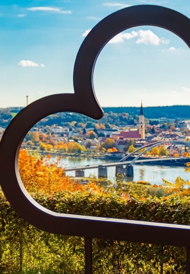 Autumn or indian summer view with a selfie heart frame at Vilshofen an der Donau, Danube, Passau, Bavaria, Germany