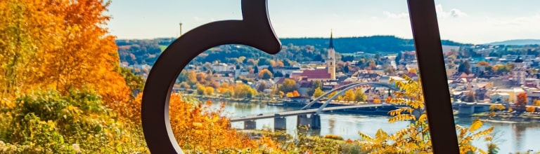 Autumn or indian summer view with a selfie heart frame at Vilshofen an der Donau, Danube, Passau, Bavaria, Germany