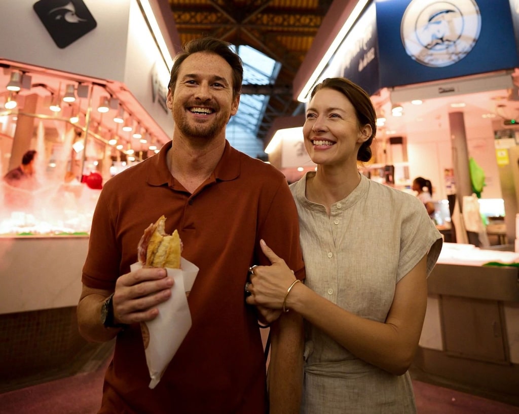 A couple strolling through a soaring hall with paper-wrapped street food captures the tactile joy of local markets—where physical cash effortlessly translates into immediate, authentic flavor.