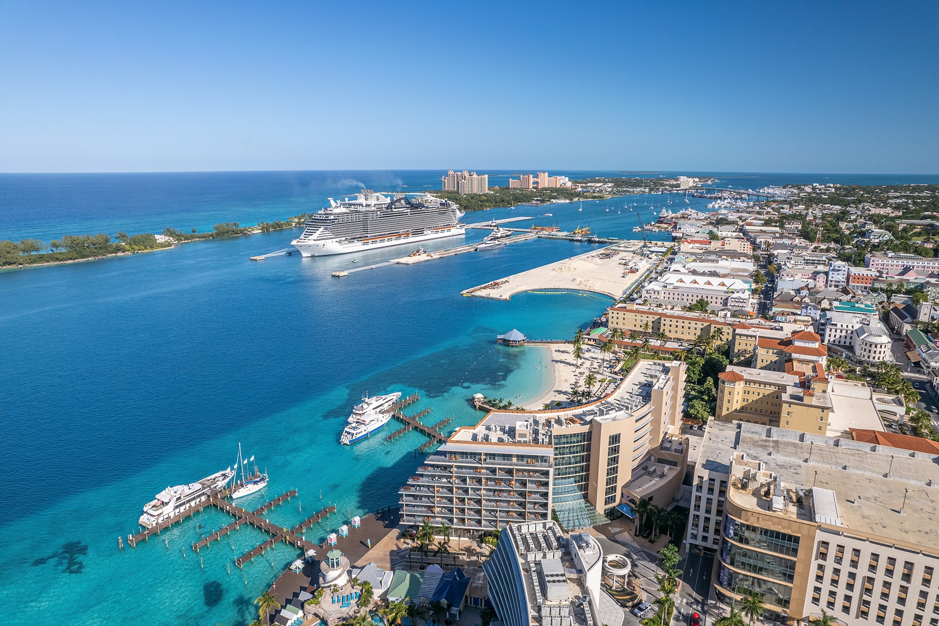 Panoramic view of the downtown district of Nassau city and Paradise Island, Bahamas