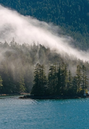 Morning mist along Inside Passage cruise between Prince Rupert and Port Hardy, British Columbia, Canada