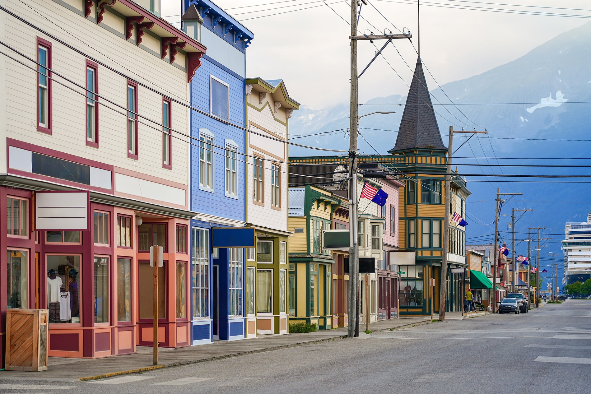 Old city center of Skagway, Alaska - Vintage storefronts in the Klondike Gold Rush National Historic Park
