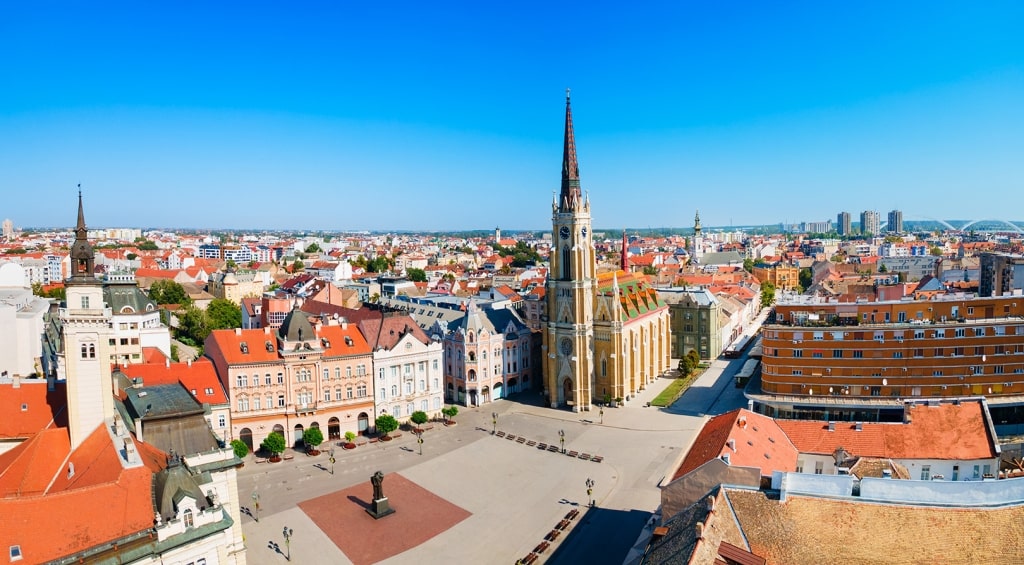 The Roman Catholic Name of Mary Church stands prominently over Freedom Square in Novi Sad, Serbia.