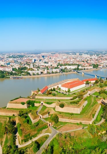Aerial view of Petrovaradin Fortress overlooking the Danube in Novi Sad.