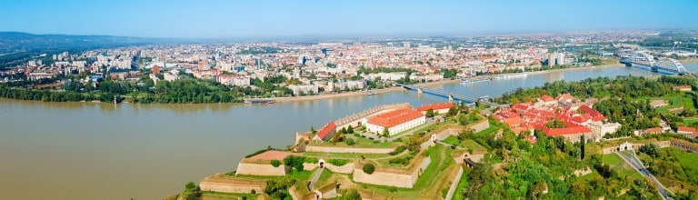 Aerial view of Petrovaradin Fortress overlooking the Danube in Novi Sad.